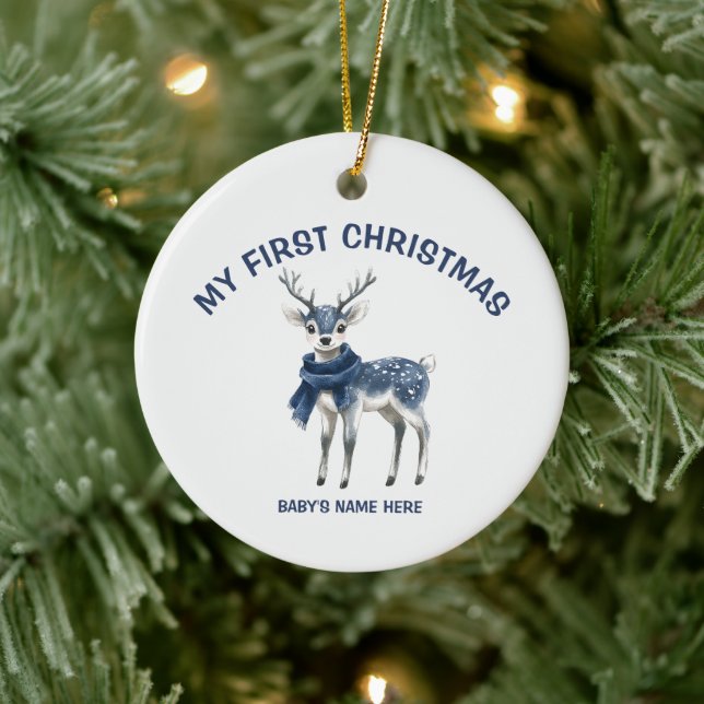 Watercolor Baby First Christmas Photo Ceramic Ornament (Tree)