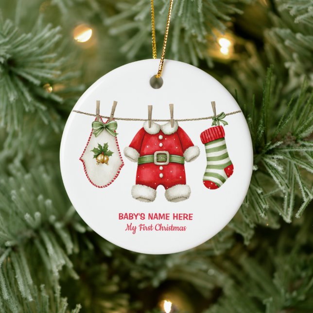 Watercolor Baby First Christmas Photo Ceramic Ornament (Tree)