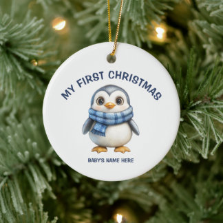 Watercolor Baby First Christmas Photo Ceramic Ornament