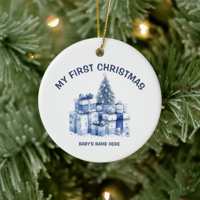 Watercolor Baby First Christmas Photo Ceramic Ornament (Tree)