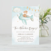 Watercolor Baby Fox Airplane Blue Baby Shower Invitation (Standing Front)