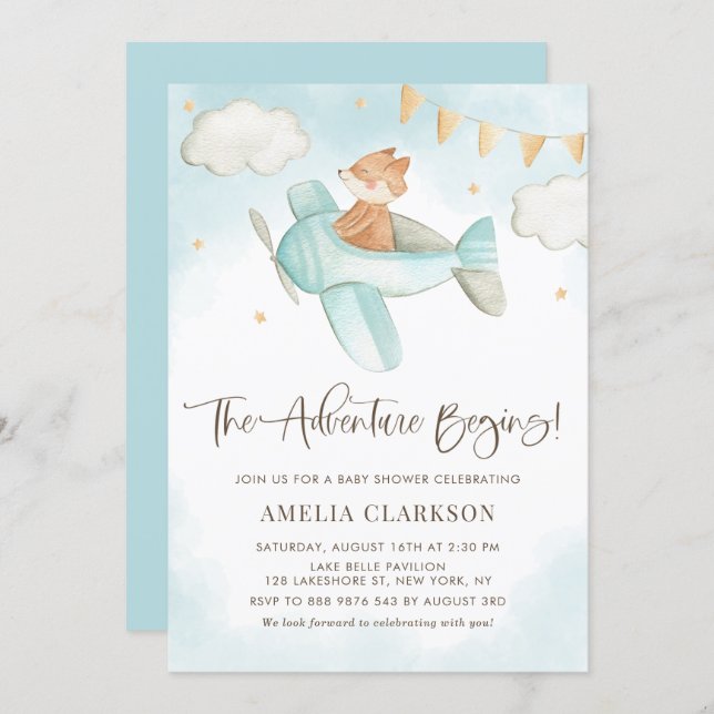 Watercolor Baby Fox Airplane Blue Baby Shower Invitation (Front/Back)