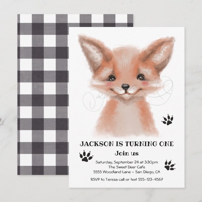Watercolor Baby Fox Birthday Party Invitation (Front/Back)