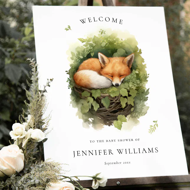 Watercolor Baby Fox Greenery Welcome Sign | Zazzle