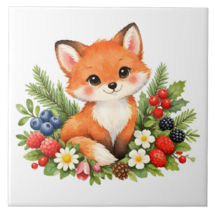 Watercolor Baby Fox with Berries and Flowers  Ceramic Tile