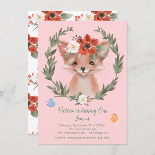 Watercolor Baby Fox wreath Birthday Party Invitation