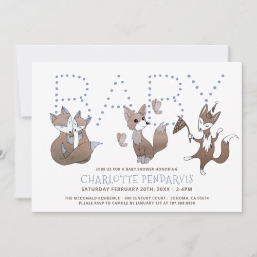 Watercolor Baby Foxes Blue Brown Baby Shower   Invitation
