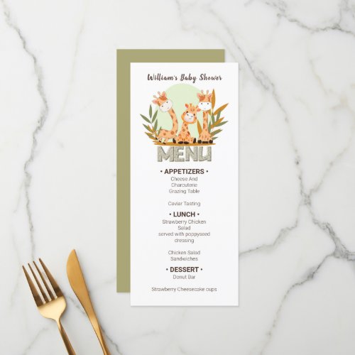 Watercolor Baby Giraffe Baby Shower  Menu