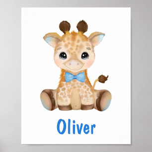 Watercolor Baby Giraffe Blue Boy Nursery Poster