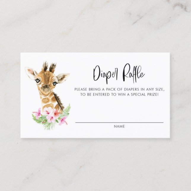 Watercolor Baby Giraffe Floral Diaper Raffle Card (Front)