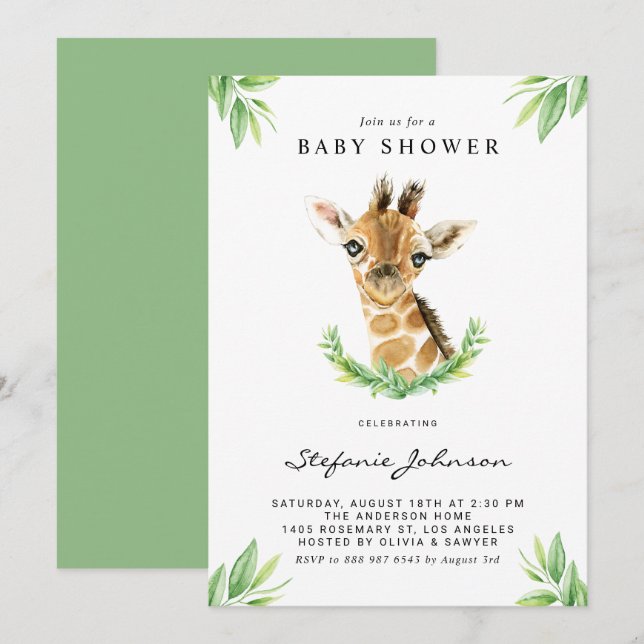 Watercolor Baby Giraffe Greenery Baby Shower Invitation (Front/Back)