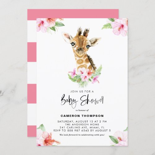 Watercolor Baby Giraffe Pink Hibiscus Baby Shower Invitation