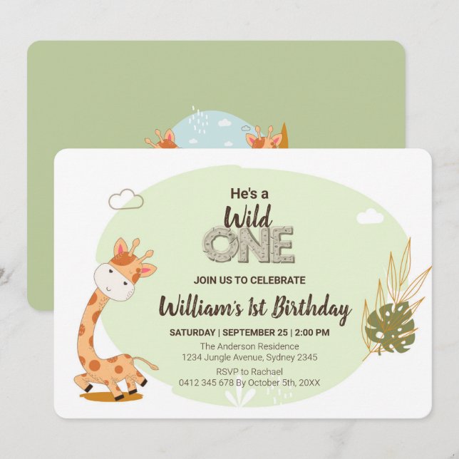 Watercolor Baby Giraffe, Safari Animals Birthday Invitation (Front/Back)