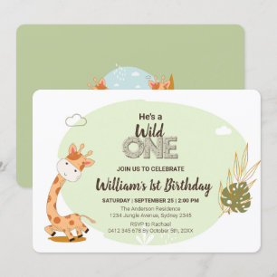Watercolor Baby Giraffe, Safari Animals Birthday Invitation
