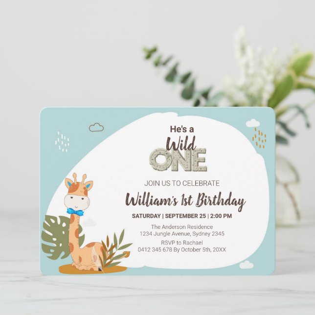 Watercolor Baby Giraffe, Safari Animals Birthday Invitation (Standing Front)