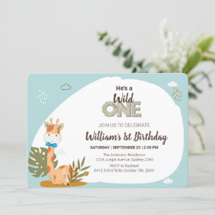 Watercolor Baby Giraffe, Safari Animals Birthday Invitation