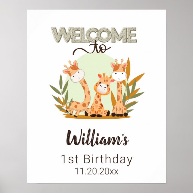 Watercolor Baby Giraffe, Safari Animals Birthday  Poster (Front)