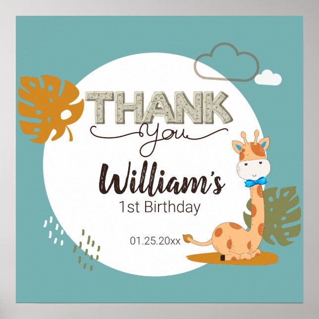 Watercolor Baby Giraffe, Safari Animals Birthday Poster (Front)