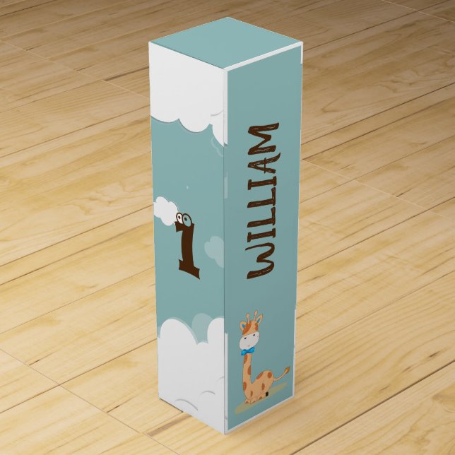 Watercolor Baby Giraffe, Safari Animals Birthday Wine Box (Back)