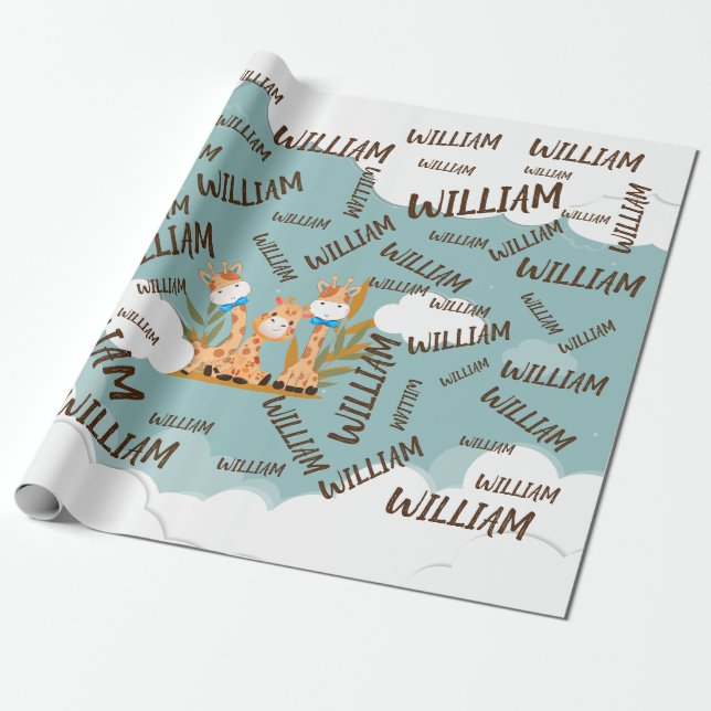 Watercolor Baby Giraffe, Safari Animals Birthday Wrapping Paper (Unrolled)