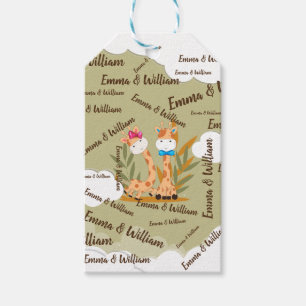 Watercolor Baby Giraffe, Safari Twins Birthday Gift Tags