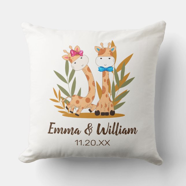 Watercolor Baby Giraffe, Safari Twins Birthday Throw Pillow (Front)