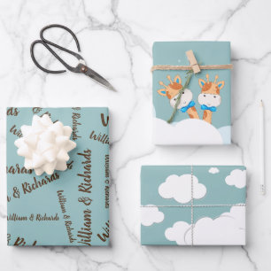 Watercolor Baby Giraffe, Safari twins Birthday Wrapping Paper Sheets