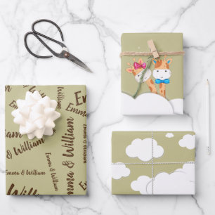 Watercolor Baby Giraffe, Safari twins Birthday Wrapping Paper Sheets