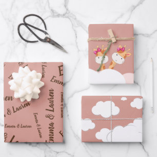 Watercolor Baby Giraffe, Safari twins Birthday Wrapping Paper Sheets