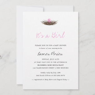 Watercolor Baby Girl Bird's Nest Baby Shower Invitation