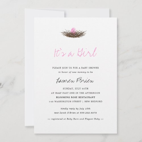 Watercolor Baby Girl Bird's Nest Baby Shower Invitations