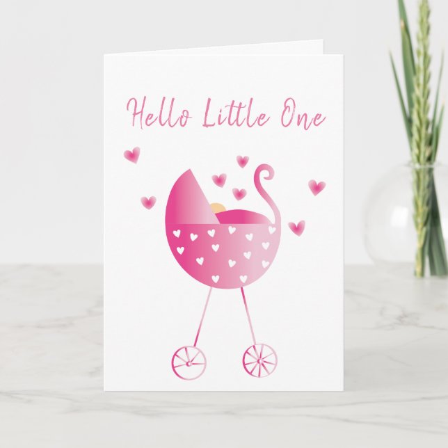 Watercolor Baby Girl Carriage Congratulations Pink Card (Front)