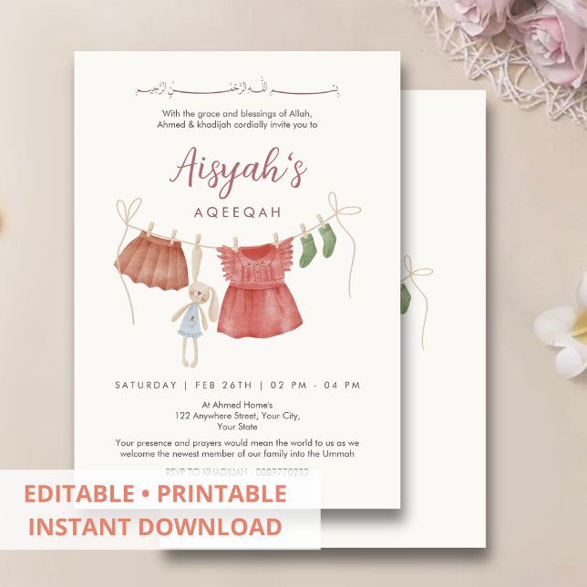 Watercolor Baby Girl Clothesline Aqeeqah Invitation (Creator Uploaded)
