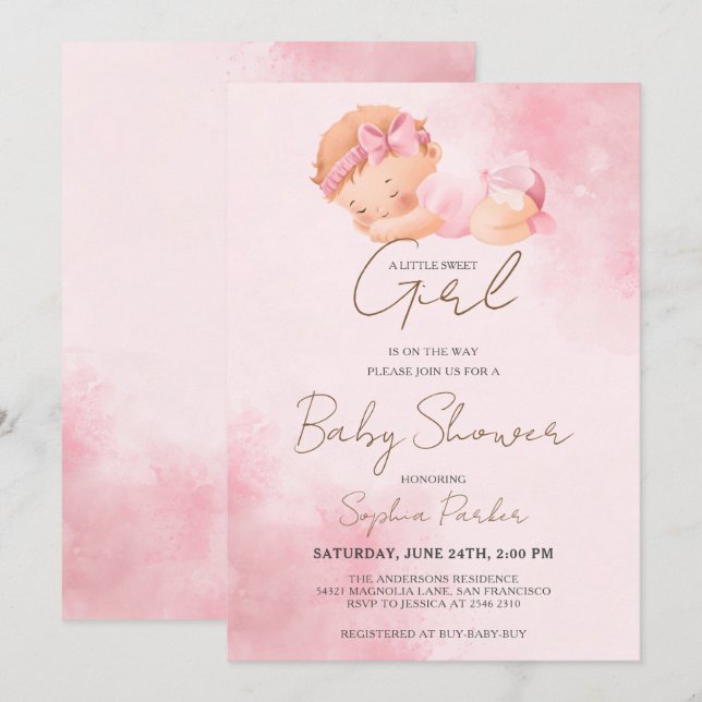 Watercolor Baby Girl Invitation (Front/Back)