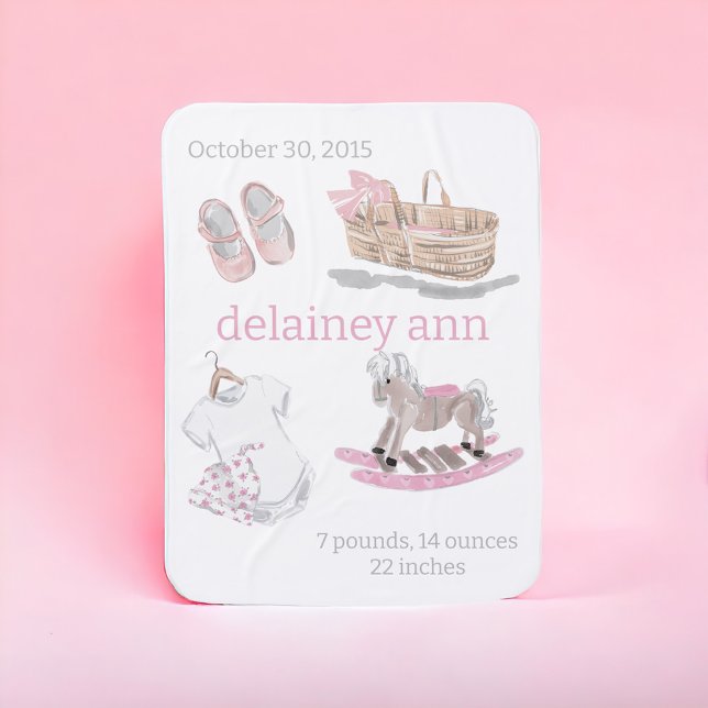 Watercolor Baby Girl Nursery Birth Stats Keepsake Baby Blanket (Creator Uploaded)