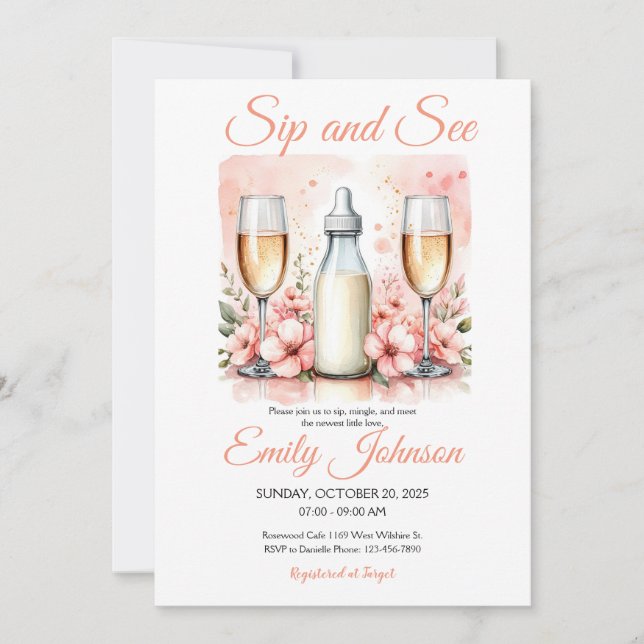 Watercolor Baby Girl Sip and See Invitation (Front)