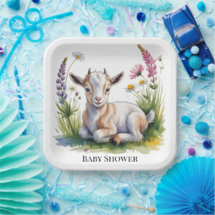 Watercolor Baby Goat with Wildflowers Baby Shower Paper Plates