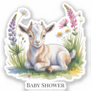 Watercolor Baby Goat with Wildflowers Baby Shower Sticker