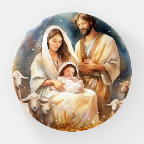 Watercolor Baby Jesus Christ with Mary and Joseph Paperweight