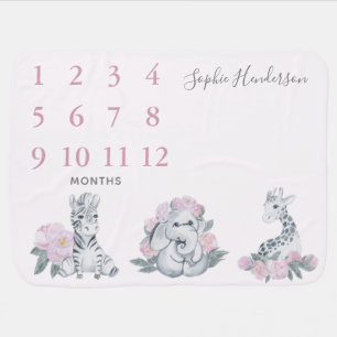 Watercolor Baby Jungle Animals Floral Monthly Mile Baby Blanket