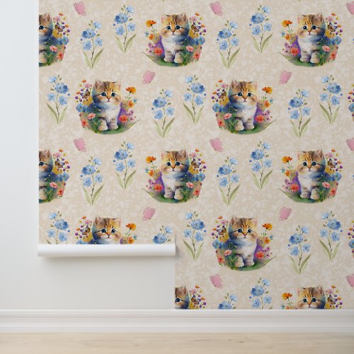 Watercolor Baby Kitten Cat Floral Butterfly Cream  Wallpaper