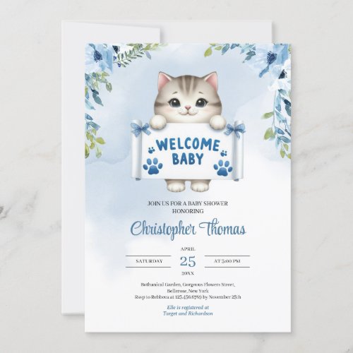 Watercolor baby kitty with sign says Welcome baby Invitation