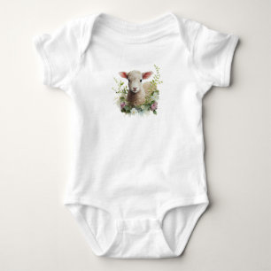 Watercolor Baby Lamb with Flower Bodysuit