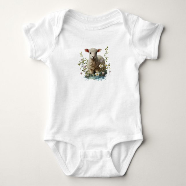 Watercolor Baby Lamb with Flowers  Baby Bodysuit (Front)