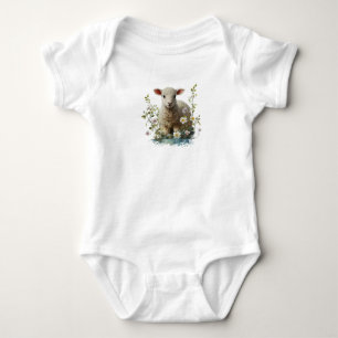 Watercolor Baby Lamb with Flowers  Bodysuit