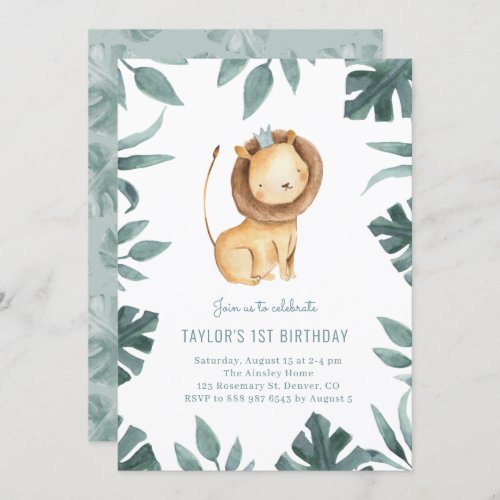 Watercolor Baby Lion Prince Greenery Birthday Invitation