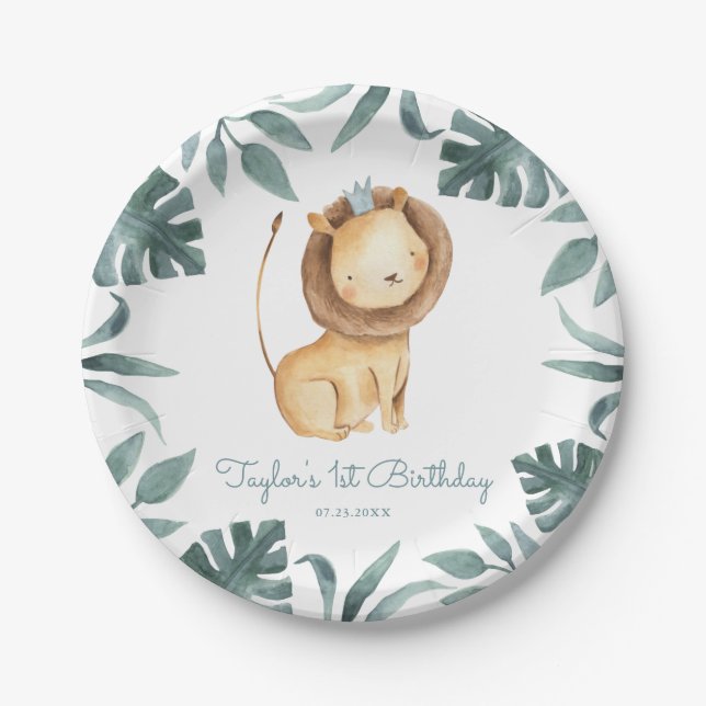 Watercolor Baby Lion Prince Tropical Birthday Paper Plates (Front)