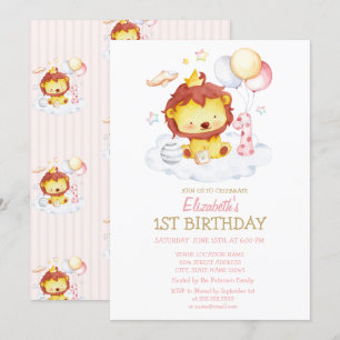 Watercolor  Baby Lion Striped Birthday Invitation