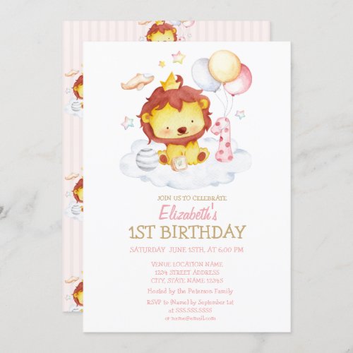 Watercolor  Baby Lion Striped Birthday Invitation