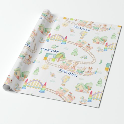 Watercolor Baby Monogram toys and trains Wrapping Paper